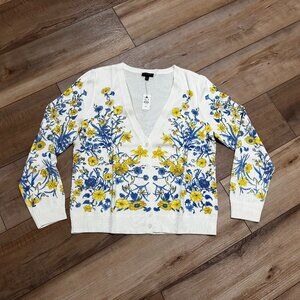 NWT Talbots Whimsical Floral V-Neck Cardigan PM Ivory Yellow Blue Cotton Rayon